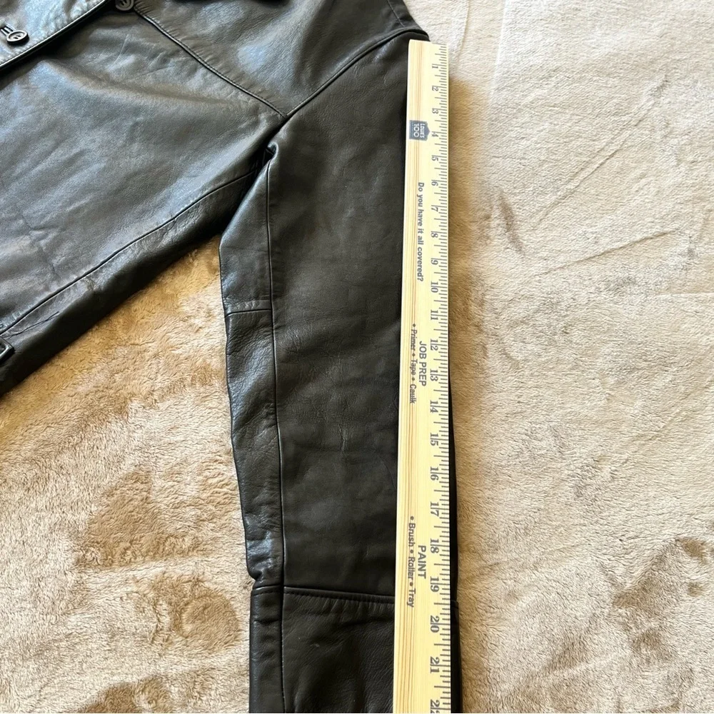 J. Crew Black Leather Car Coat Men's M Button-Up Collar Pockets Lightly Lined